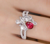 Cluster White Diamonds with Pear Ruby Platinum 950 Ring