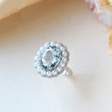 5.7ct Santa Maria Aquamarine & Akoya Pearl Halo Ring in 18K Gold