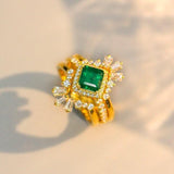 Art Deco Design Emerald 18K Engagement Stackable Ring with Diamonds