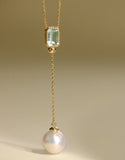 Aquamarine & 8mm Akoya Pearl Necklace in 18K Yellow Gold