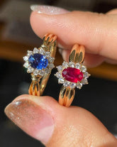 Halo Set Sapphire 18K Gold Ring with Pigeon Blood Ruby