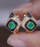 Art Deco Design Emerald Sapphire 18K Yellow Gold Earrings