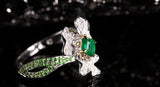 Flower Shape Emerald & Full Diamond Pave Ring in 18K White Gold