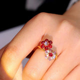 Cute Flower Design Red Spinel & Moonstone Cabochon Ring in 18K Gold