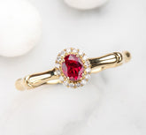 Ruby 18K Gold Bamboo Ring with Halo Diamonds