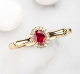 Ruby 18K Gold Bamboo Ring with Halo Diamonds