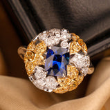 Cluster Royal Blue Sapphire 18K Two Tone Gold Statement Ring