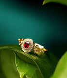 Vintage Design Red Spinel Oval & Diamond Ring - 18K Yellow Gold