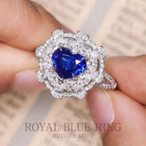 Stunning Royal Blue Sapphire 18K White Gold Ring with Full Diamonds Pave