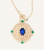 Royal Blue Sapphire Emerald 18K Gold Coin Necklace