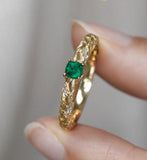 Brushed Finish 18K Gold Emerald Ring & White Diamond