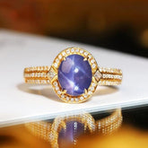 2.3ct Lavender Star Sapphire 18K Gold Ring in Halo Diamond