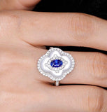 Flower Design Blue Sapphire & Diamonds 18K White Gold Ring