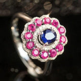Vintage Sapphire Double Halo 18K Gold Ring with Pink Ruby