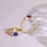 Red Spinel Hammered 18k Gold Horizontal Stone Ring with Blue Sapphire