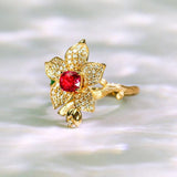 Flower Jedi Red Spinel 18K Gold Ring & Tsavorite
