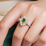 Emerald Cabochon Cut & Double Halo Diamond Ring in 18K White Gold