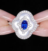 Flower Design Blue Sapphire & Diamonds 18K White Gold Ring