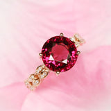 7mm Peach Red Garnet Round & Diamond Ring - 18K Yellow Gold