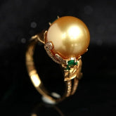 11mm Golden South Sea Pearl & Emerald Ring in 18K Yellow Gold