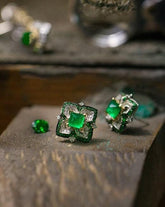 Emerald Sugarloaf and Diamond Earrings in 18K White Gold