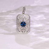 Blue Sapphire Full Diamonds Pave Pendant in 18K White Gold
