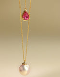 8mm Akoya Pearl Necklace with Rubellite Teardrop – 18K Yellow Gold