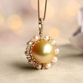 Halo Necklace with Golden South Sea Pearl & Baby Pearls – 18K Gold