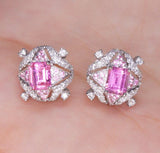 Sparkly Pink Sapphire Platinum 950 Earrings with Cluster Diamonds