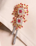 Red Pink Spinel Square Cut & Diamond Brooch in 18K Gold