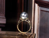 11mm Silver-Grey Tone Tahitian Pearl & Diamonds Ring in 18K Yellow Gold