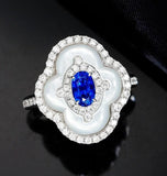 Flower Design Blue Sapphire & Diamonds 18K White Gold Ring