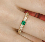 Brushed Finish 18K Gold Emerald Ring & White Diamond