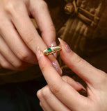 Engraved Cabochon Emerald Ring – Chunky Ribbed 18K Gold Band