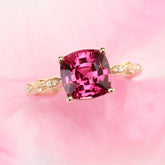 Pink Peach Spinel Cushion & Diamond Ring in 18K Yellow Gold