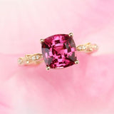 Pink Peach Spinel Cushion & Diamond Ring in 18K Yellow Gold