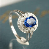 Blue Sapphire & Halo Diamonds Ring - 18K White Gold
