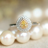 Fancy Yellow Diamonds Double Halo Teardrop Ring - 18K Yellow Gold