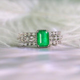 Emerald with Diamonds Engagement Ring in 18K White Gold