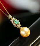 11mm Golden South Sea Pearl & Emerald Necklace in 18K Yellow Gold