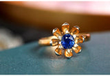 Engraved Flower Ring with Blue Sapphire - 18K Yellow Gold