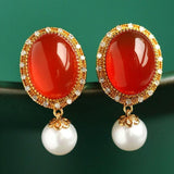 Southern Red Agate & Pearl Earrings - 18K Yellow Gold