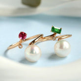 Akoya Pearl & Red Tourmaline Open Ring - 18K Yellow Gold