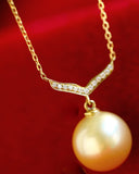 Whale Fin Golden South Sea Pearl Necklace & Diamond - 18K Yellow Gold
