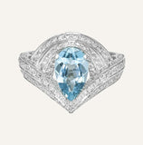 Aquamarine Diamond Wedding Chevron Desing Ring - Platinum 950