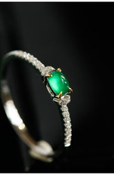 Emerald Oval Cabochon & Diamond Ring in 18K White Gold