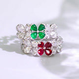 Four Leaf Clover Ruby & Emerald Ring with Diamonds in 18K Gold