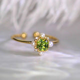 Peridot Asscher Cut & Seawater Pearl, White Diamond Handmade 18K Yellow Gold Olivine Ring, Open Ring, Anniversary Gift Idea