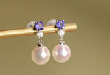 Tanzanite & 8mm Akoya Pearl Earrings with Diamonds in 18K Gold