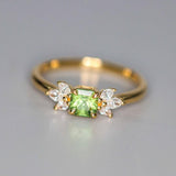 Demantoid Asscher Cut & Diamond Ring in 18K Yellow Gold